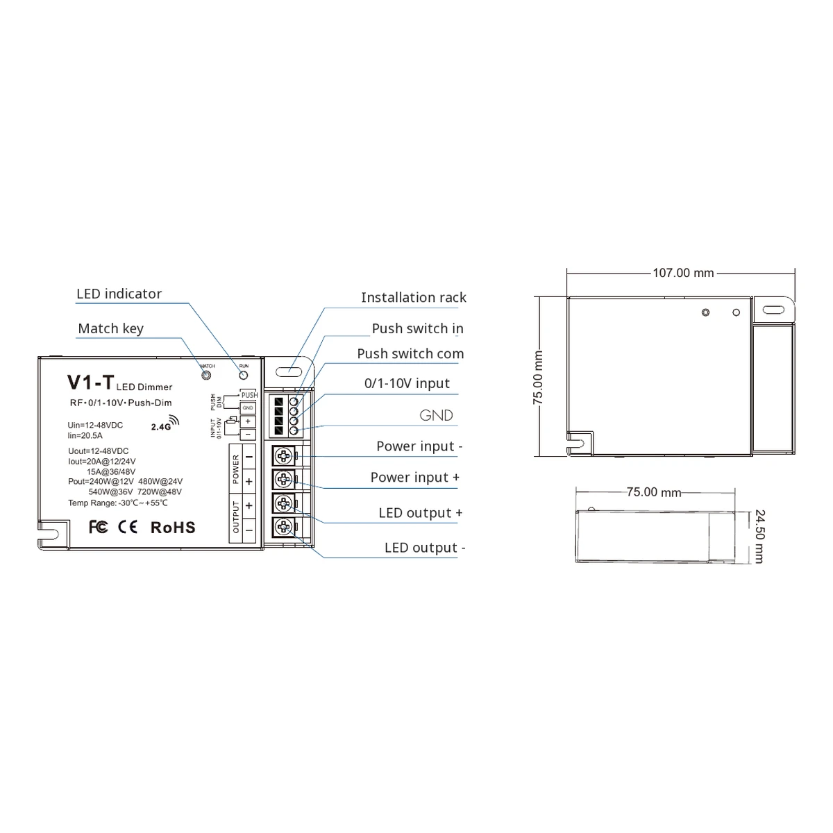 Skydance V1-T LED dimmer technical data, controls and dimension drawing