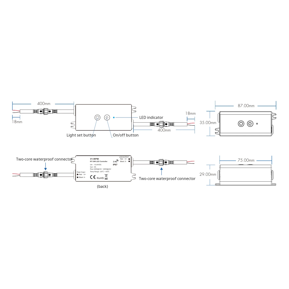Skydance V1-WPM LED dimmer technical data, controls and dimension drawing