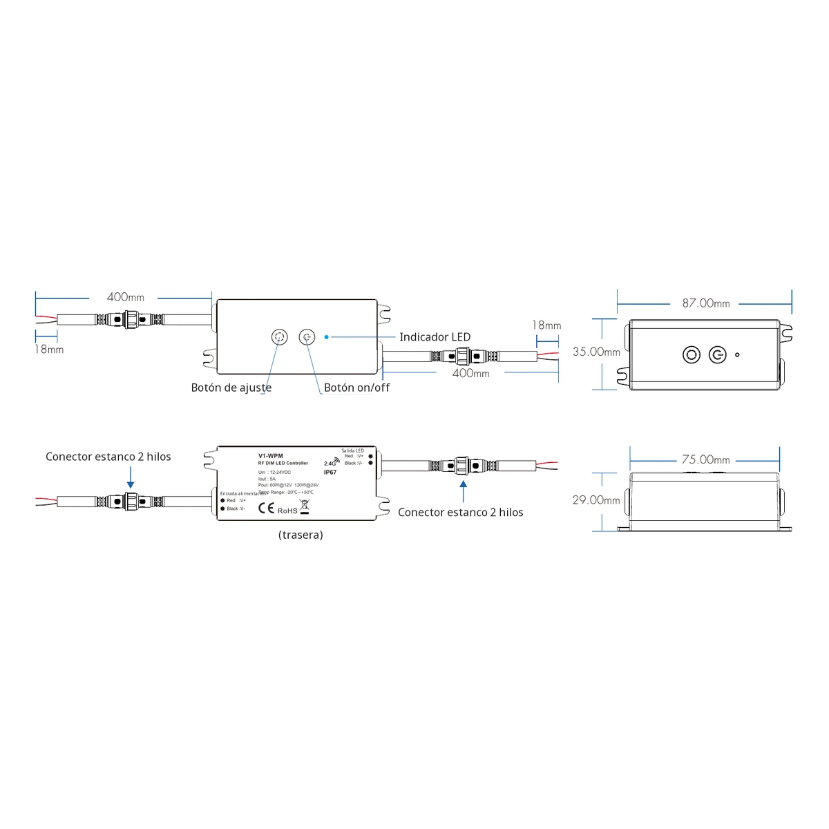 Datos técnicos y dimensiones del dimmer LED Skydance V1-WPM Dimmer LED Skydance V1-WPM: ficha técnica, controles y croquis de dimensiones