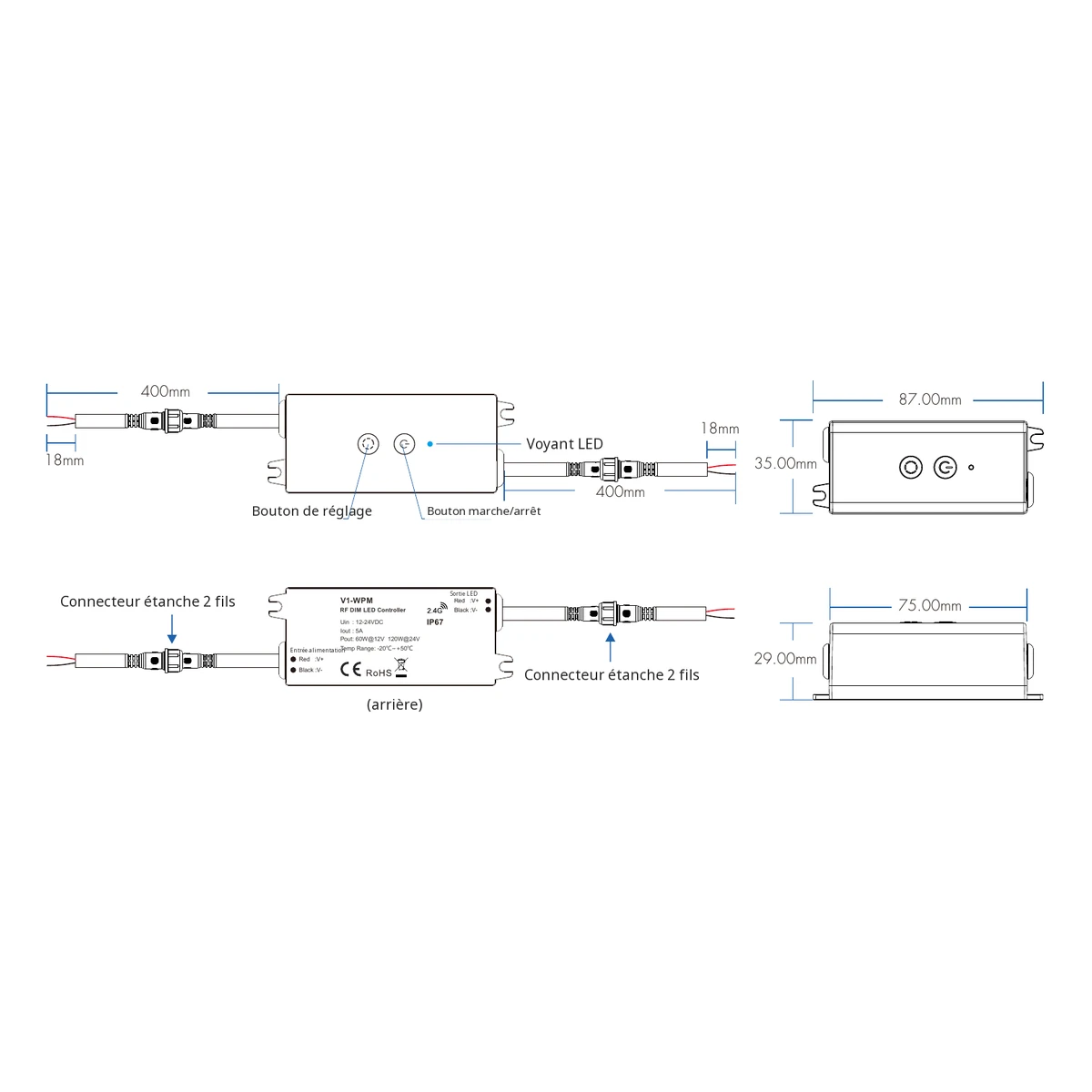 Variateur LED Skydance V1-WPM : données techniques, commandes et plan coté