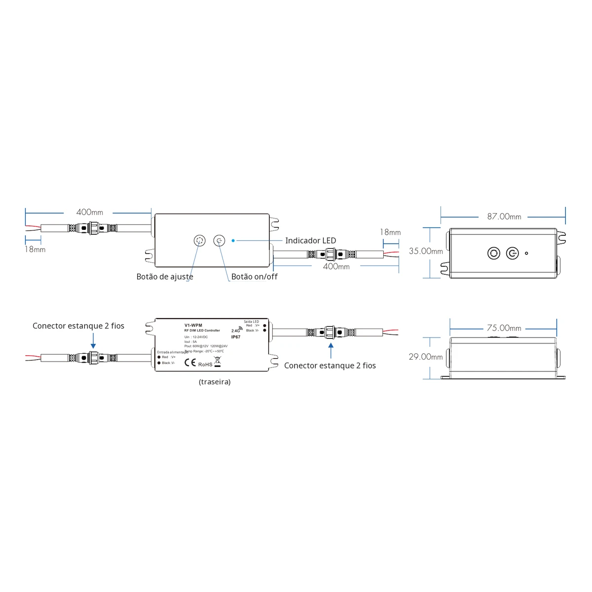 Dados e dimensões do dimmer LED Skydance V1-WPM Dimmer LED Skydance V1-WPM: dados técnicos, controlos e desenho de dimensões