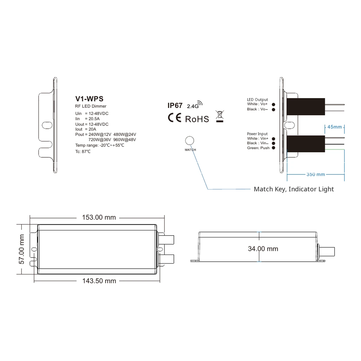 Skydance V1-WPS LED dimmer technical data, controls and dimension drawing