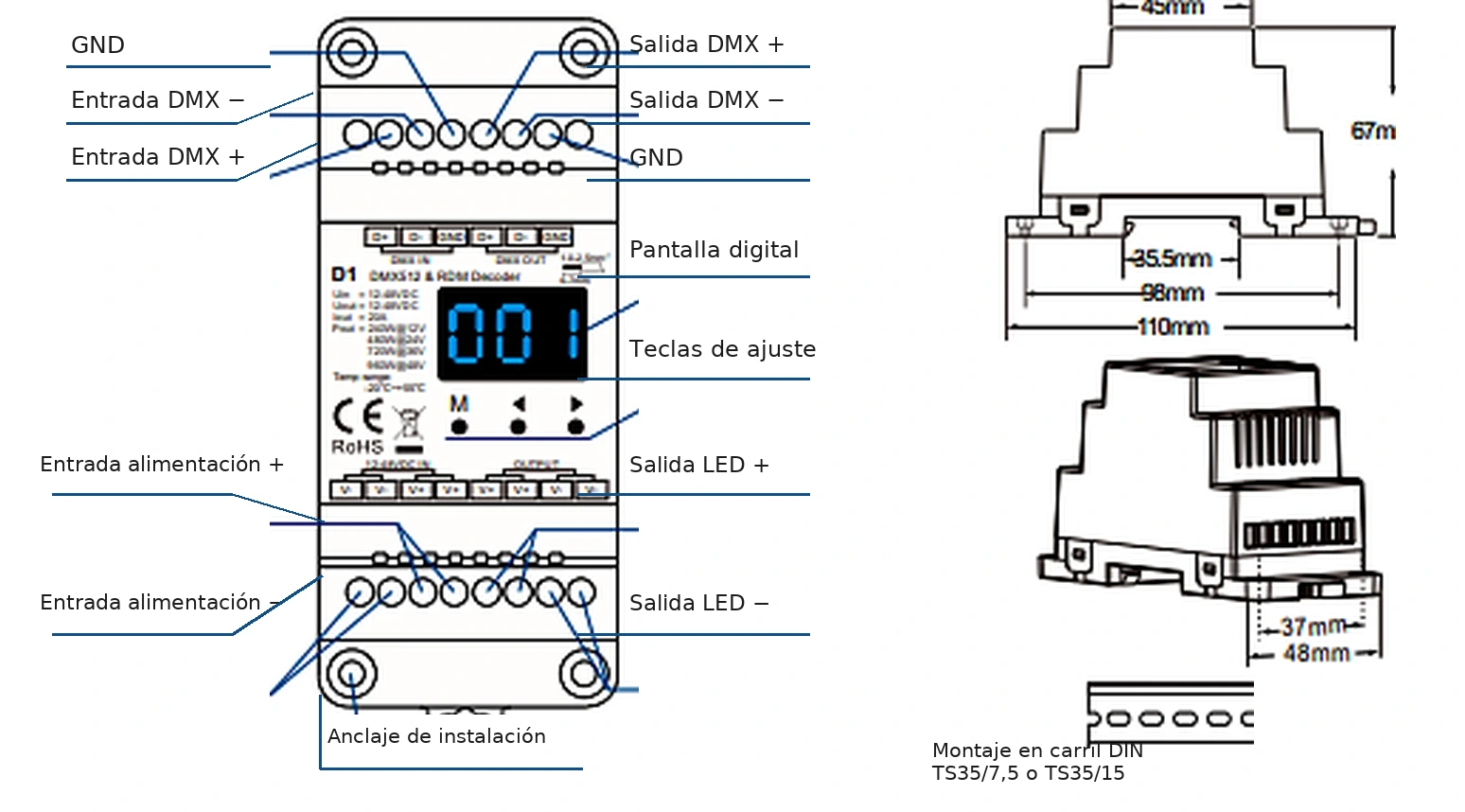 Decodificador DMX512 RDM 1 canal 20A 12-48V IP20 – D1 — dmx d1 croquis tecnico es