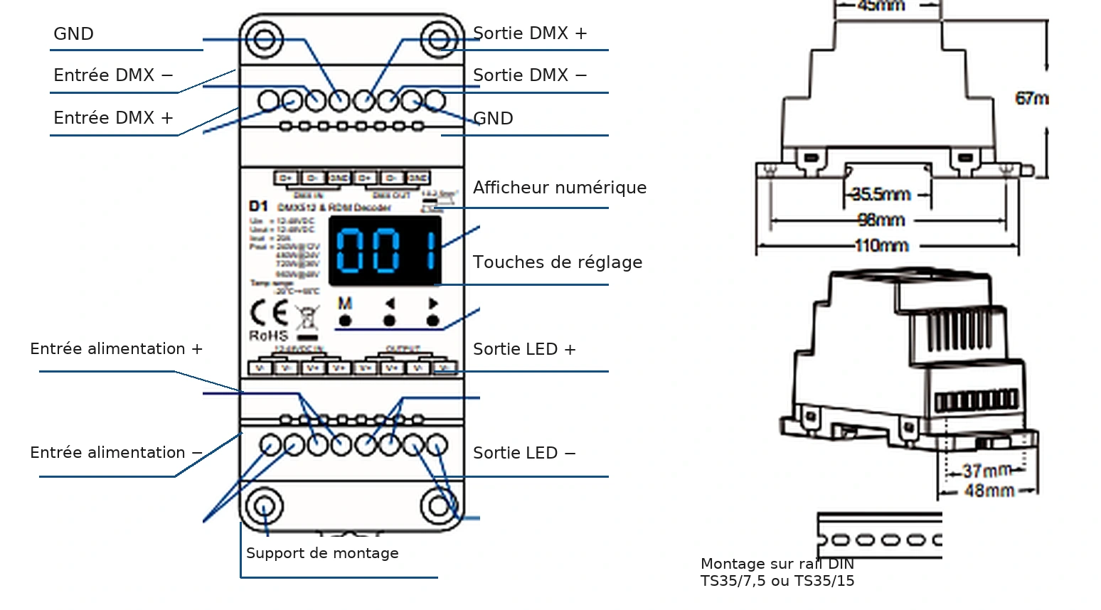 Décodeur DMX512 RDM 1 canal 20A 12-48V IP20 – D1 — dmx d1 croquis tecnico fr