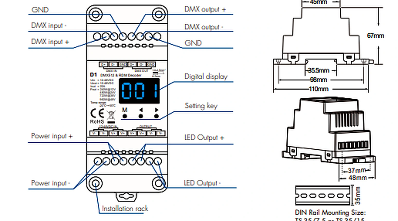 DMX512 RDM Decoder 1 channel 20A 12-48V IP20 – D1 — dmx d1 croquis tecnico