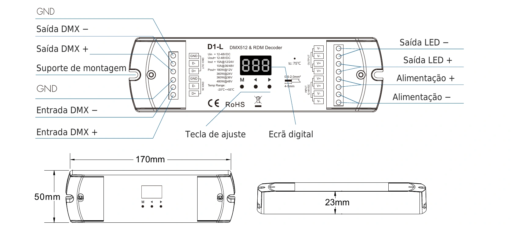 Descodificador DMX512 RDM 1 canal 10 / 15A 12-48V IP20 – D1-L — dmx d1 l technical pt