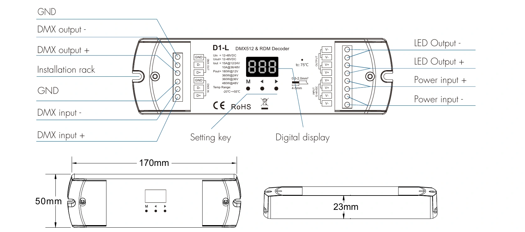 DMX512 RDM Decoder 1 channel 10 / 15A 12-48V IP20 – D1-L — dmx d1 l technical