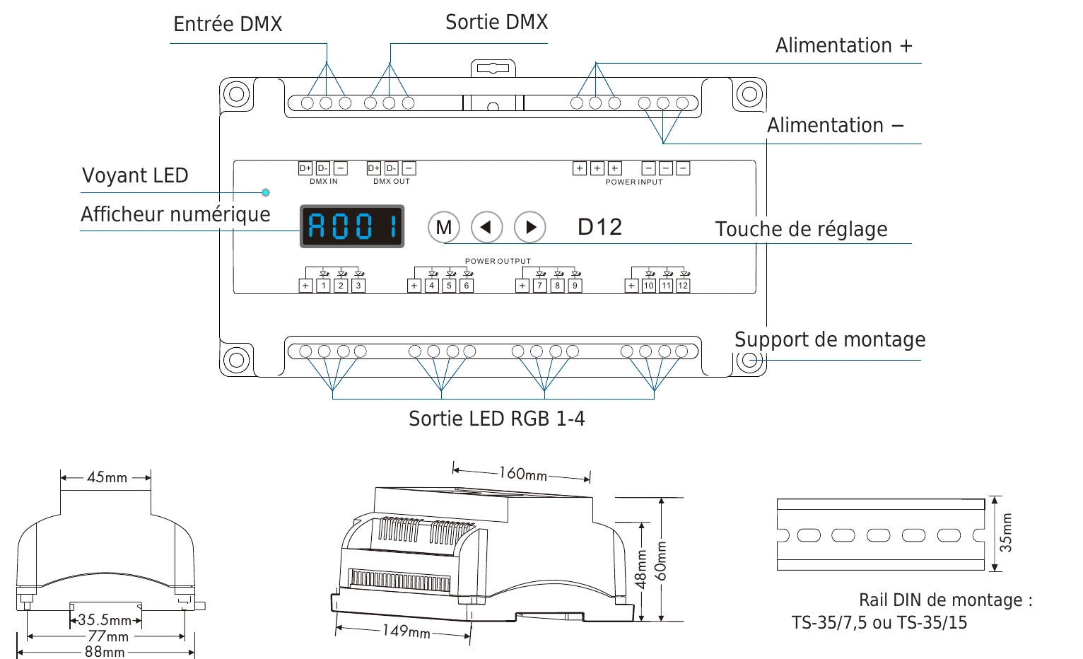 Décodeur DMX512 RDM 12 canaux 5A 12-24V IP20 – D12 — dmx d12 technical fr