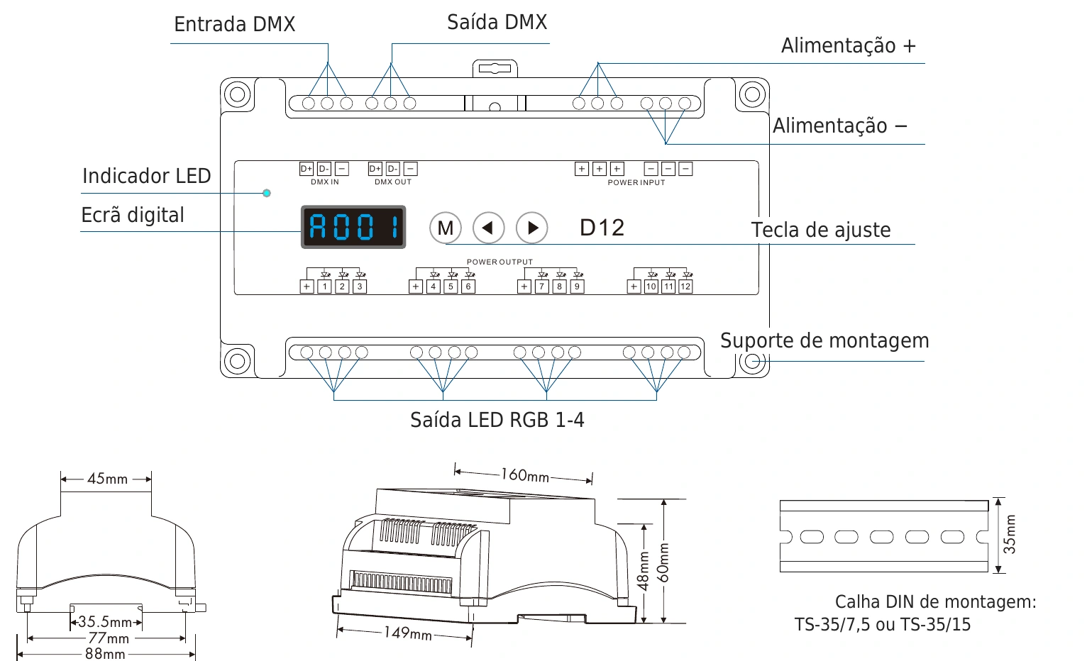 Descodificador DMX512 RDM 12 canais 5A 12-24V IP20 – D12 — dmx d12 technical pt