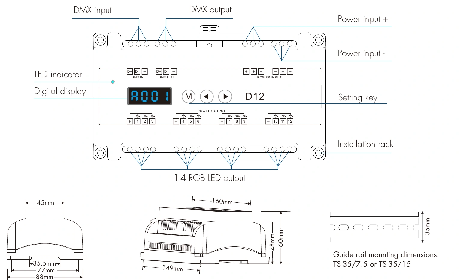 DMX512 RDM Decoder 12 channels 5A 12-24V IP20 – D12 — dmx d12 technical