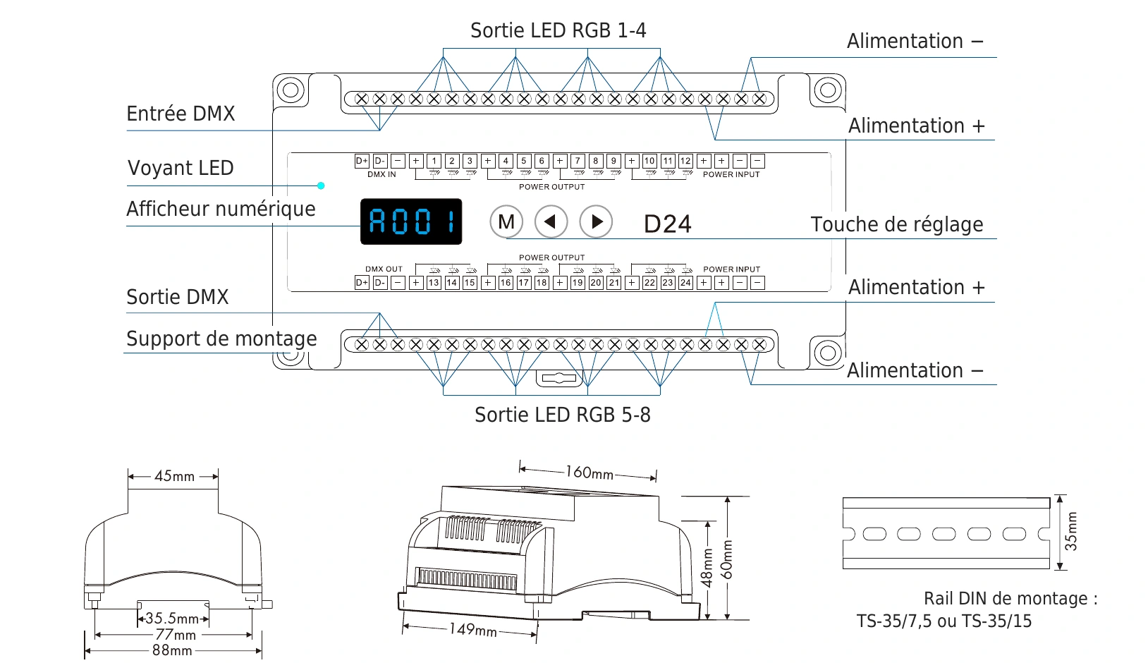 Décodeur DMX512 RDM 24 canaux 3A 12-24V IP20 – D24 — dmx d24 technical fr