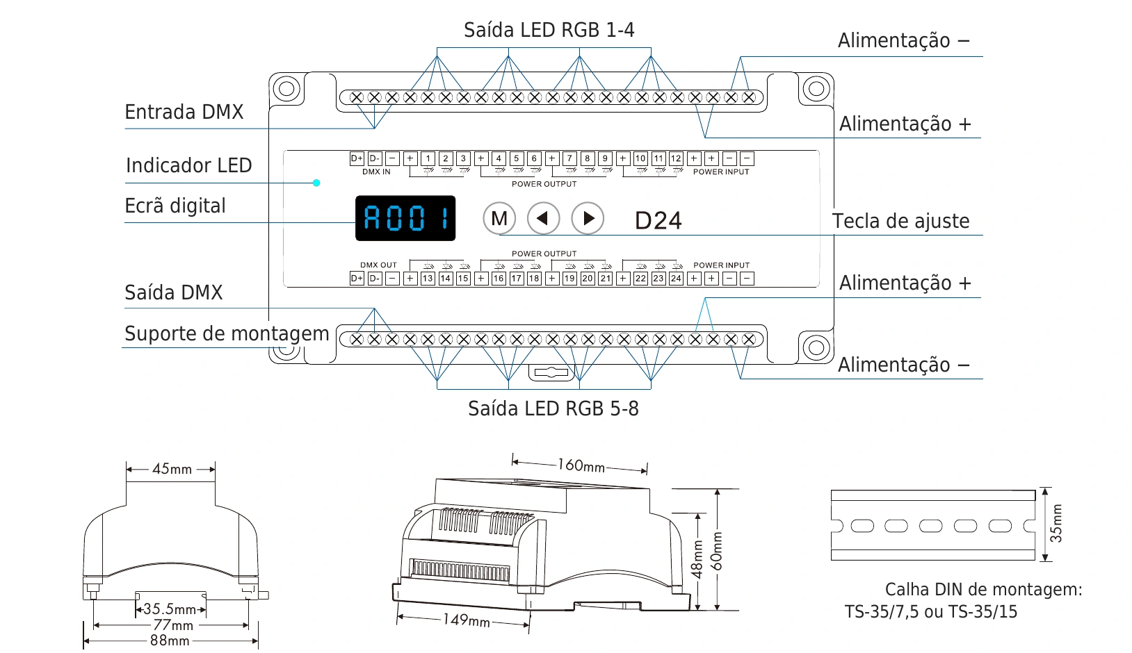 Descodificador DMX512 RDM 24 canais 3A 12-24V IP20 – D24 — dmx d24 technical pt