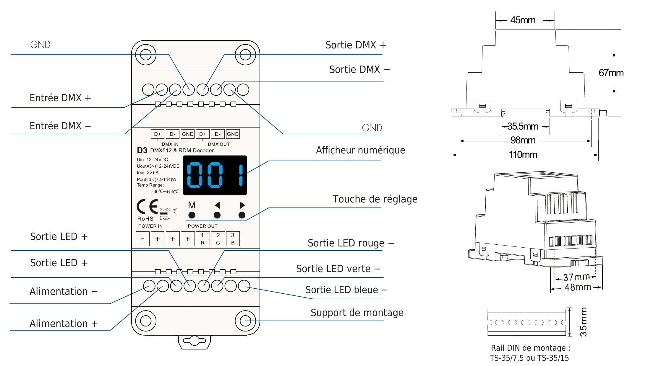 Décodeur DMX512 RDM 3 canaux 6A 12-24V IP20 – D3 — dmx d3 technical fr