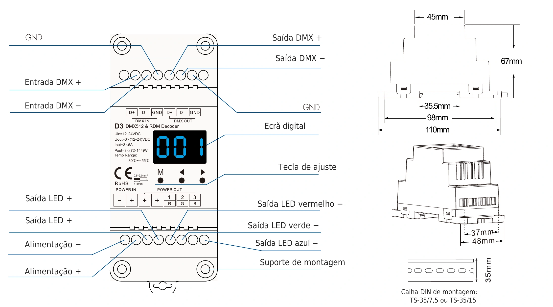 Descodificador DMX512 RDM 3 canais 6A 12-24V IP20 – D3 — dmx d3 technical pt