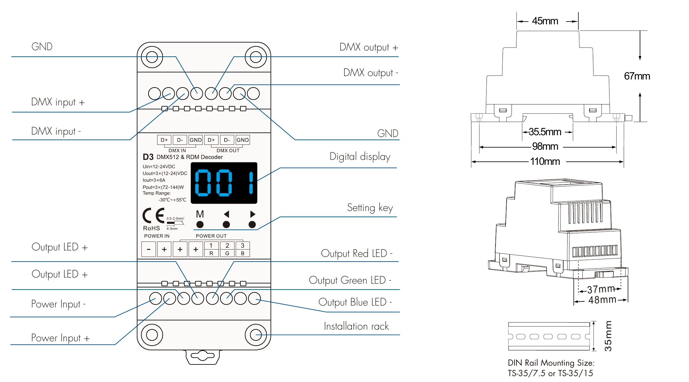 DMX512 RDM Decoder 3 channels 6A 12-24V IP20 – D3 — dmx d3 technical
