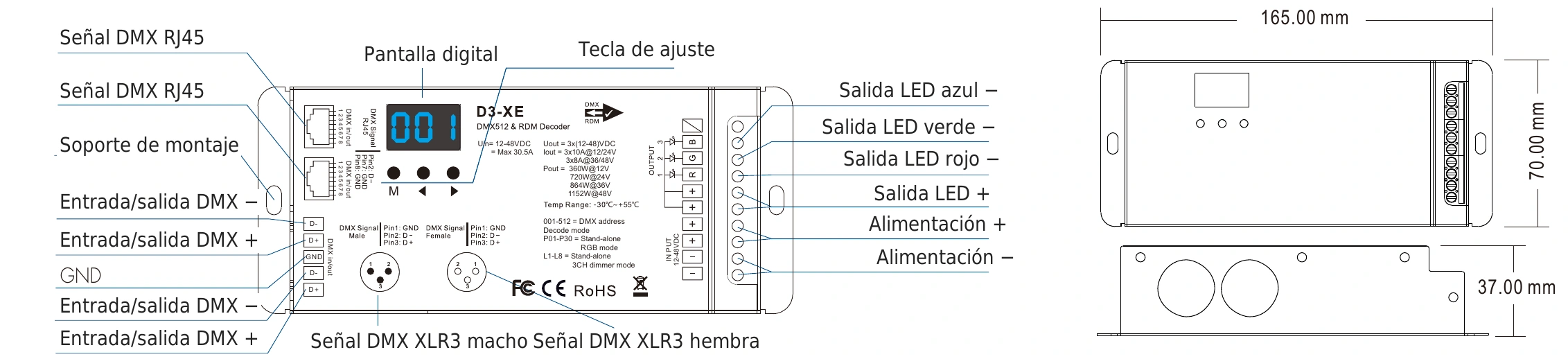Decodificador DMX512 RDM 3 canales 10A 12-48V IP20 – D3-XE — dmx d3 xe technical es