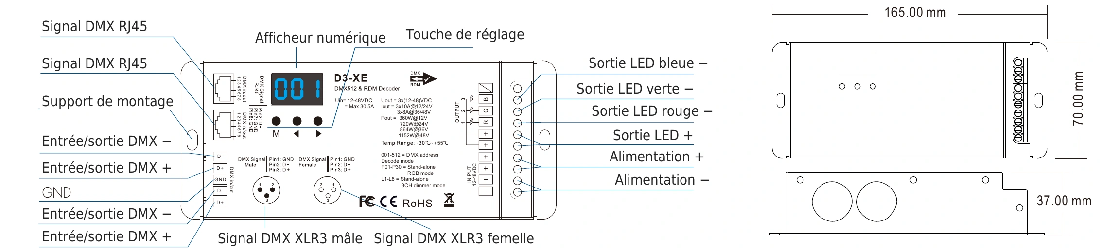 Décodeur DMX512 RDM 3 canaux 10A 12-48V IP20 – D3-XE — dmx d3 xe technical fr