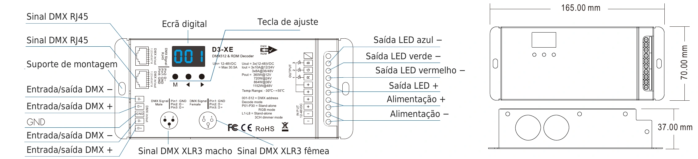 Descodificador DMX512 RDM 3 canais 10A 12-48V IP20 – D3-XE — dmx d3 xe technical pt