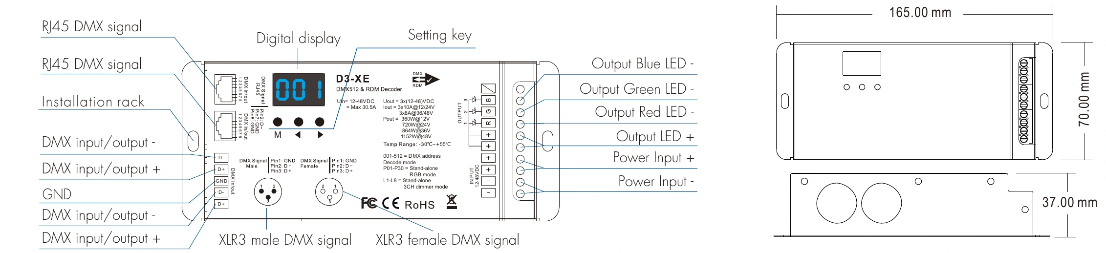 DMX512 RDM Decoder 3 channels 10A 12-48V IP20 – D3-XE — dmx d3 xe technical