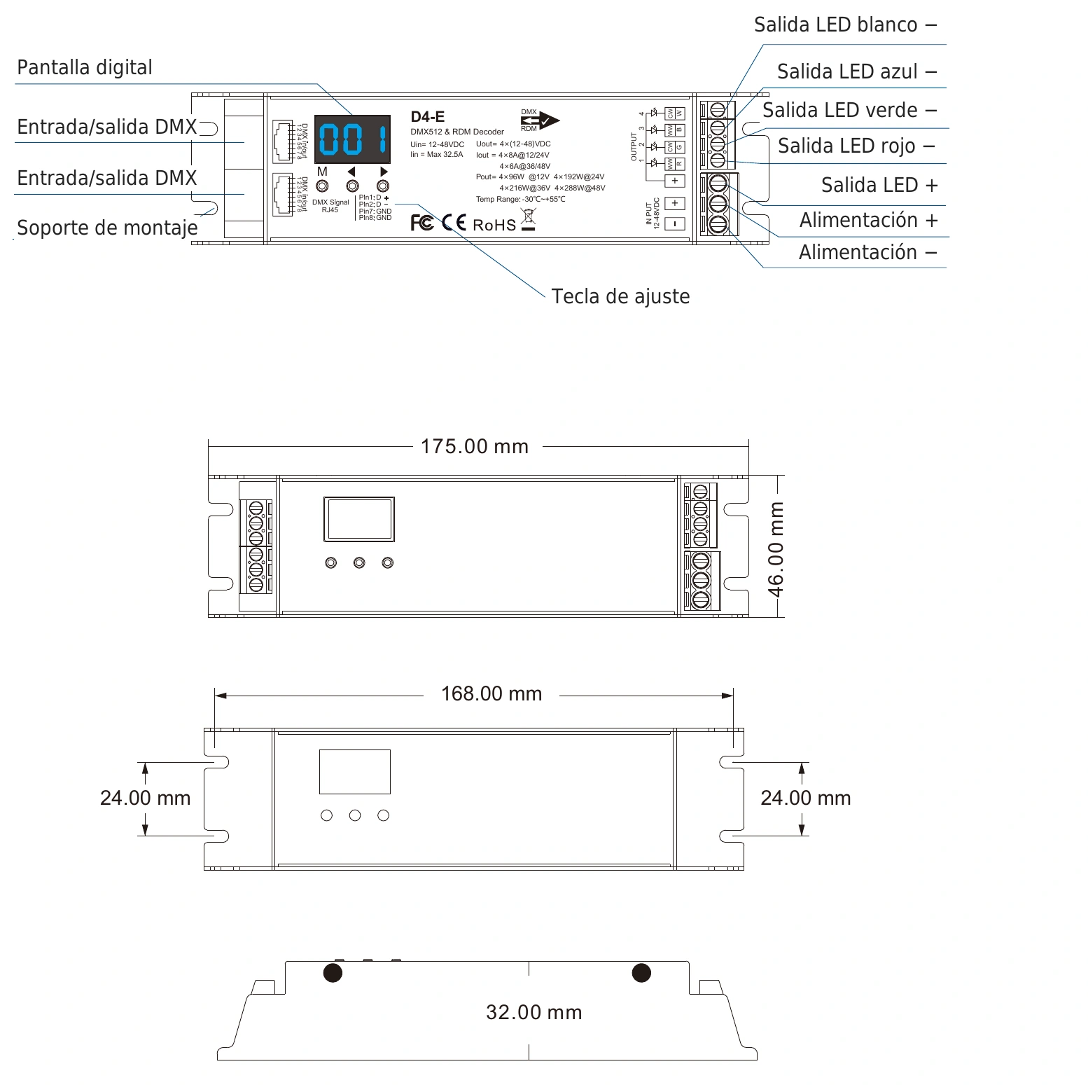 Decodificador DMX512 RDM 4 canales 8A 12-48V IP20 – D4-E — dmx d4 e technical es