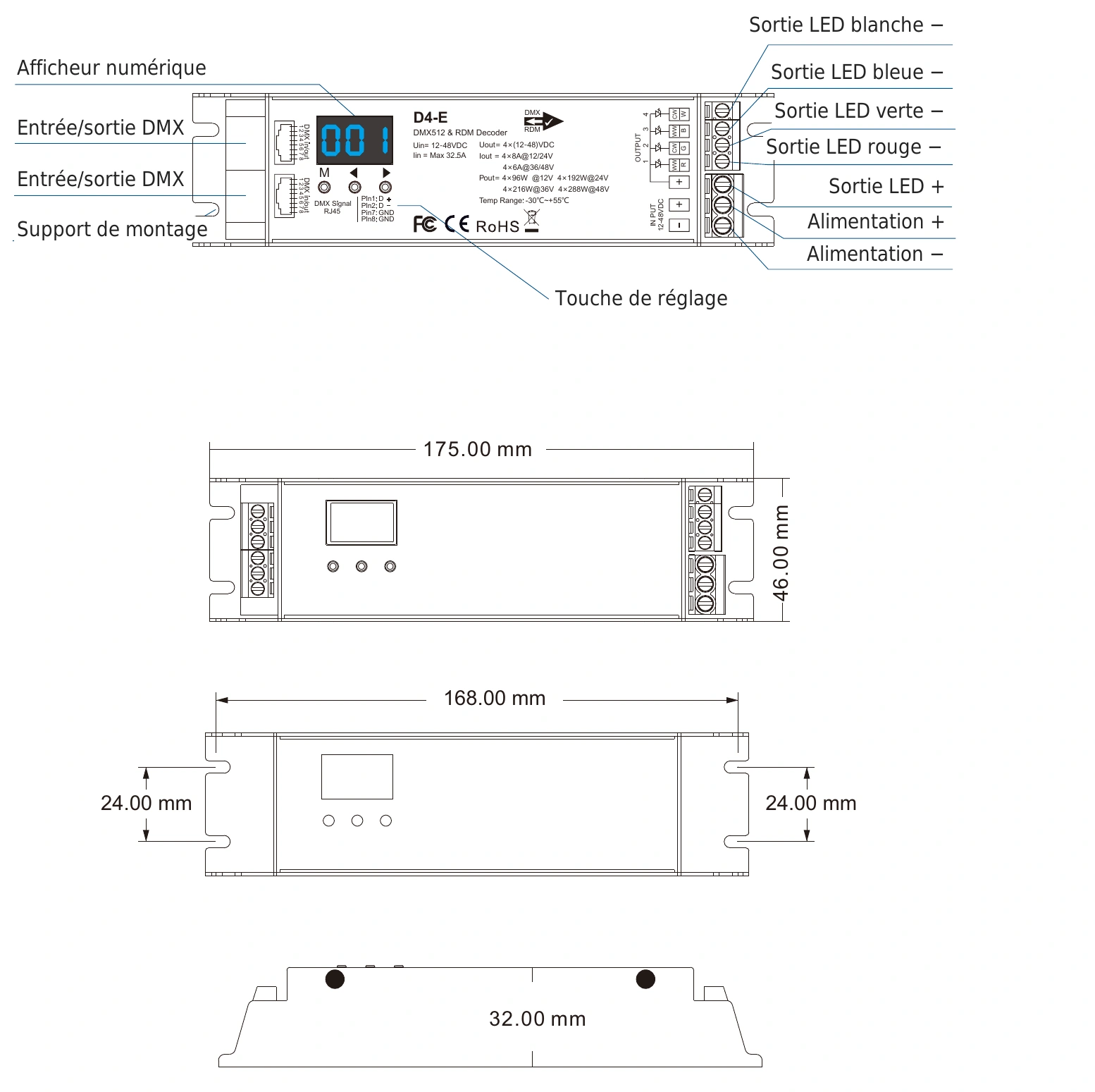 Décodeur DMX512 RDM 4 canaux 8A 12-48V IP20 – D4-E — dmx d4 e technical fr
