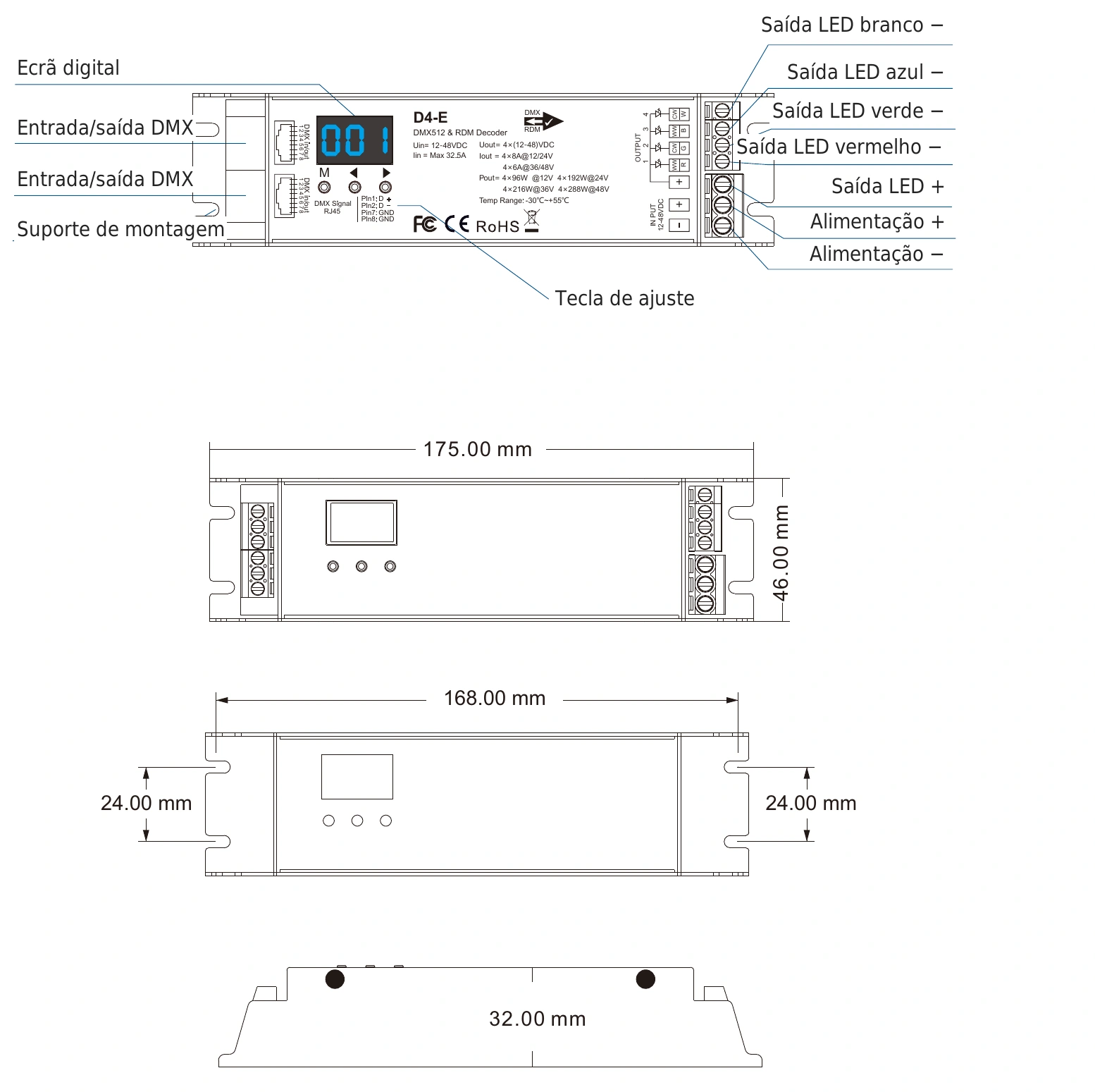 Descodificador DMX512 RDM 4 canais 8A 12-48V IP20 – D4-E — dmx d4 e technical pt