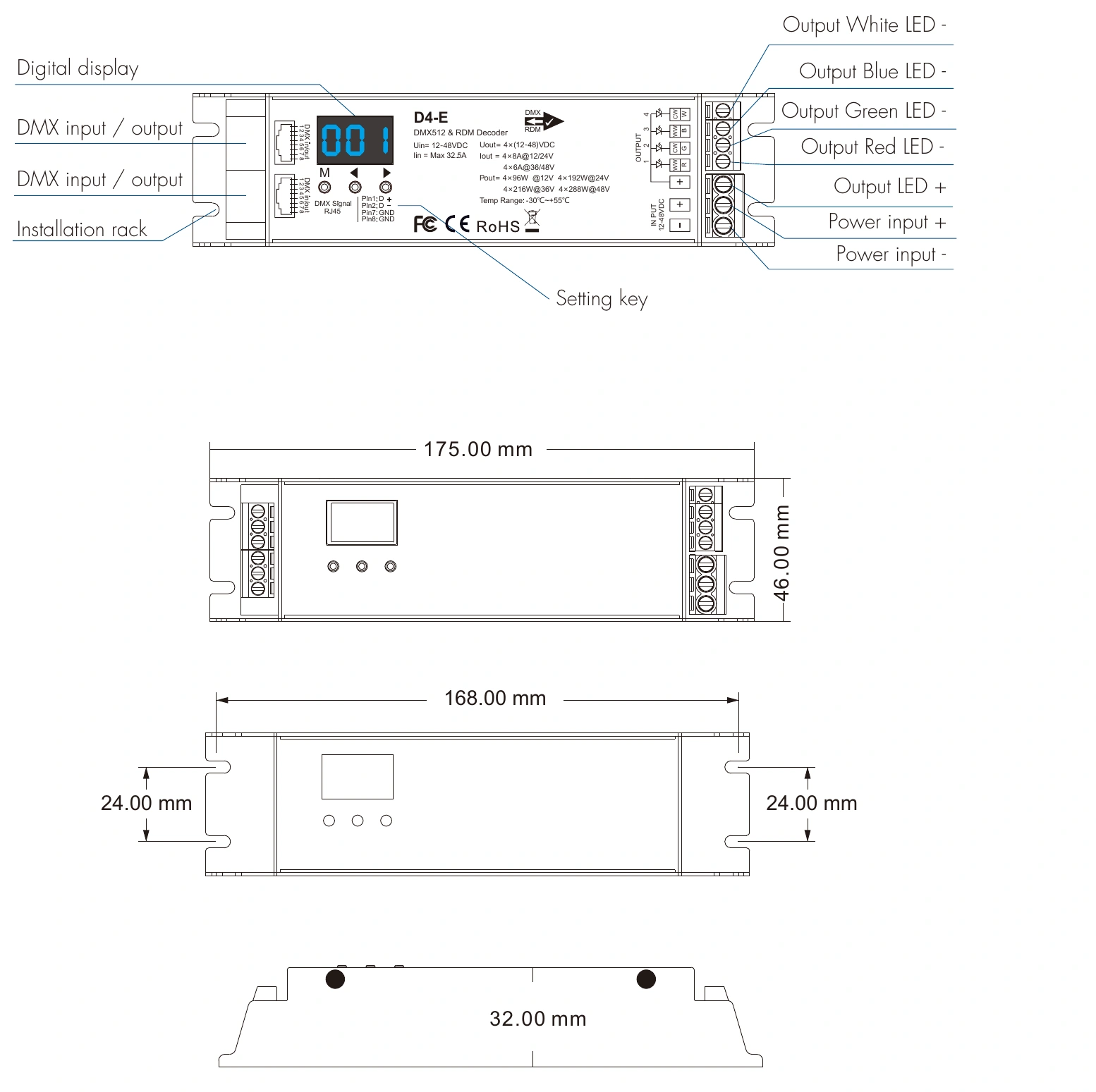 DMX512 RDM Decoder 4 channels 8A 12-48V IP20 – D4-E — dmx d4 e technical