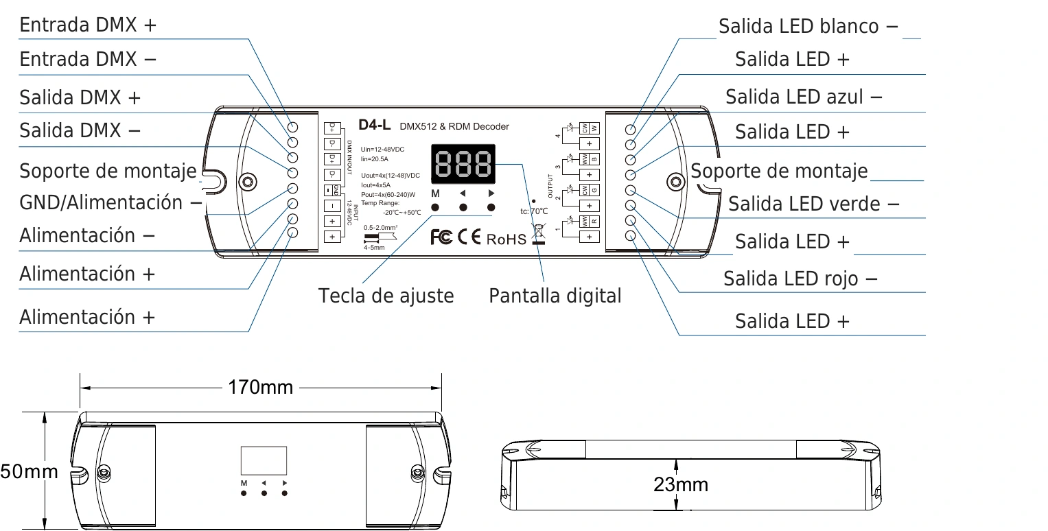 Decodificador DMX512 RDM 4 canales 5A 12-48V IP20 – D4-L — dmx d4 l technical es