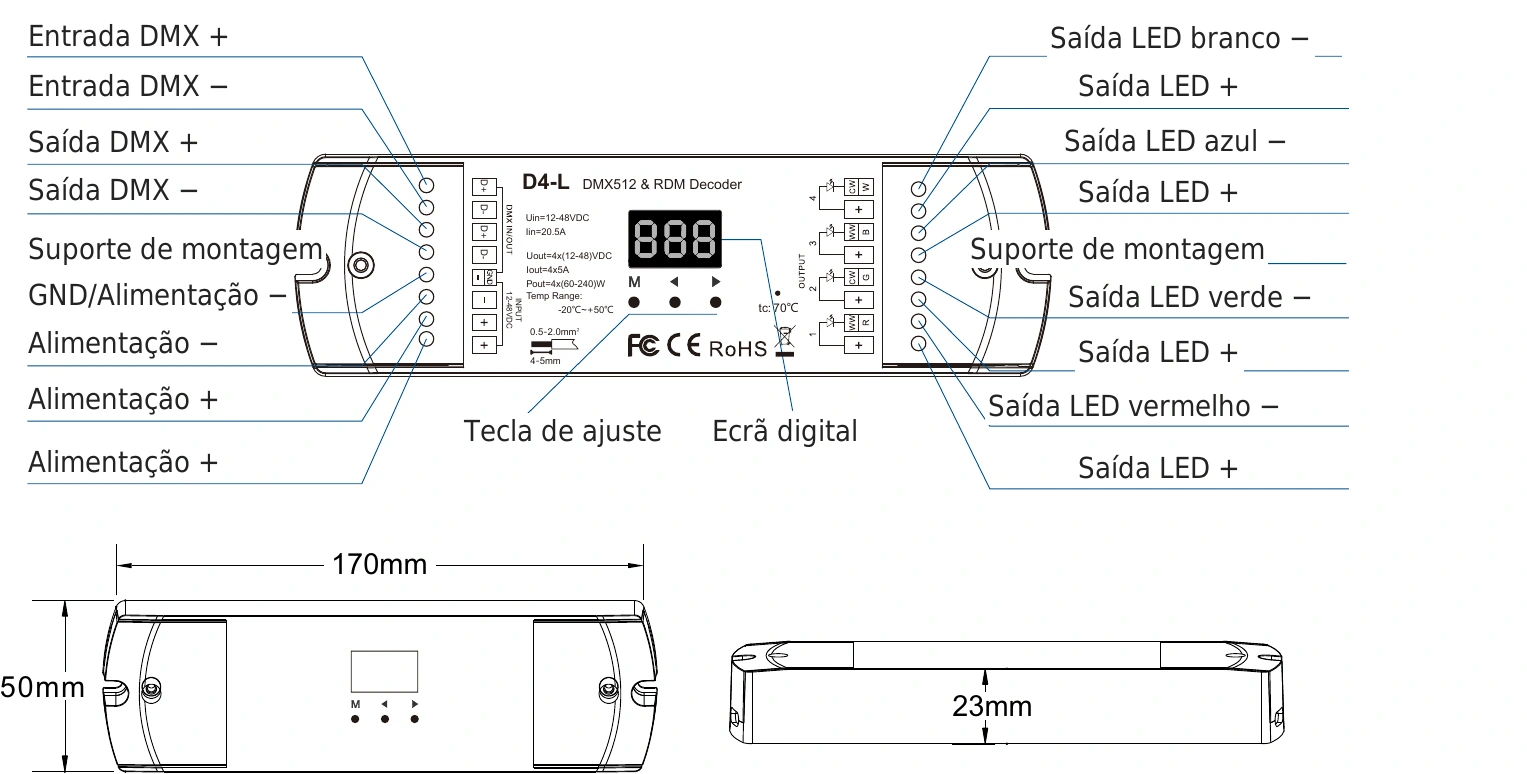 Descodificador DMX512 RDM 4 canais 5A 12-48V IP20 – D4-L — dmx d4 l technical pt