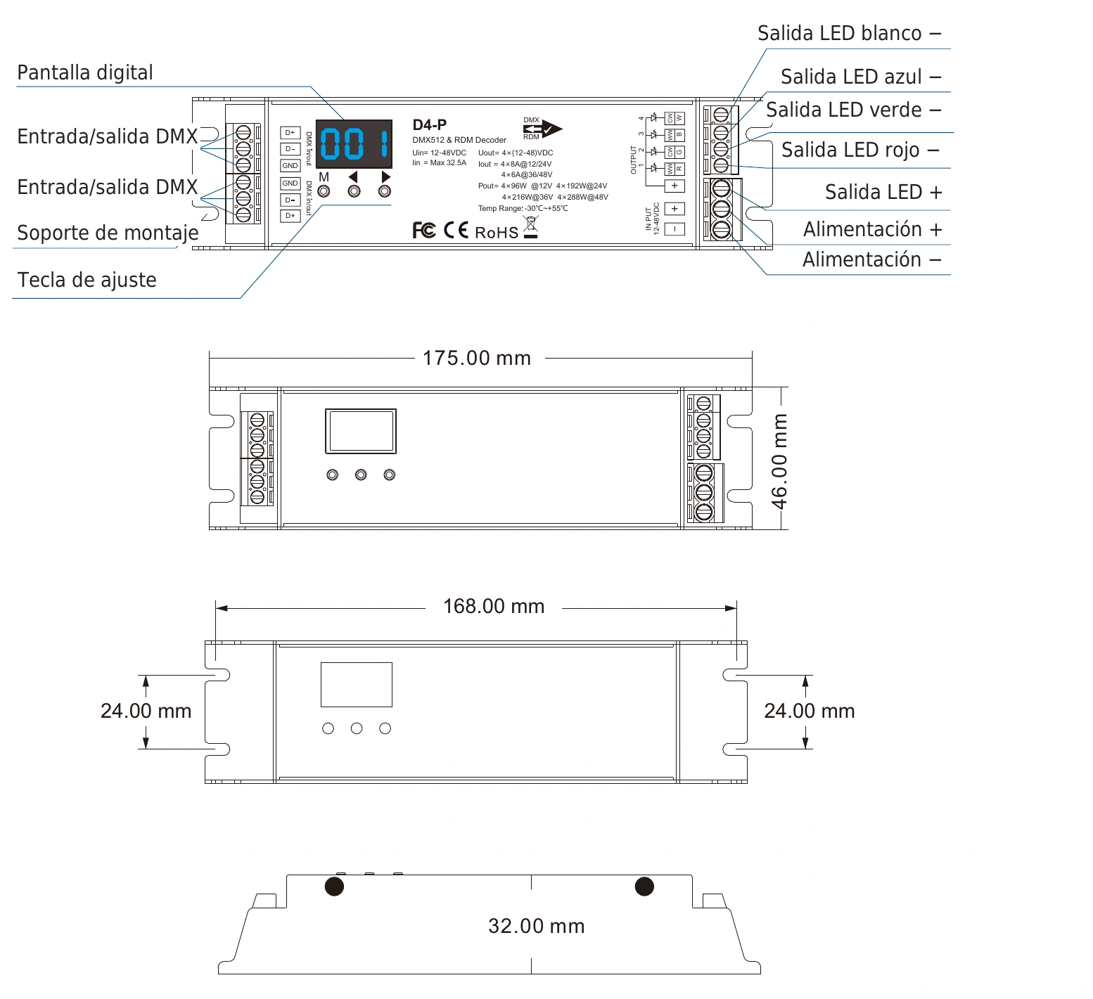 Decodificador DMX512 RDM 4 canales 8A 12-48V IP20 – D4-P — dmx d4 p technical es