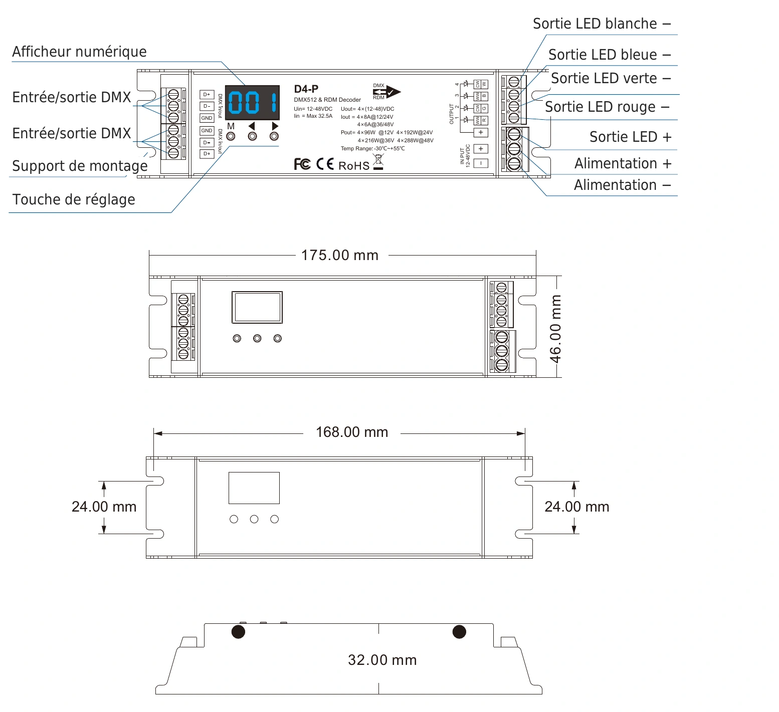 Décodeur DMX512 RDM 4 canaux 8A 12-48V IP20 – D4-P — dmx d4 p technical fr