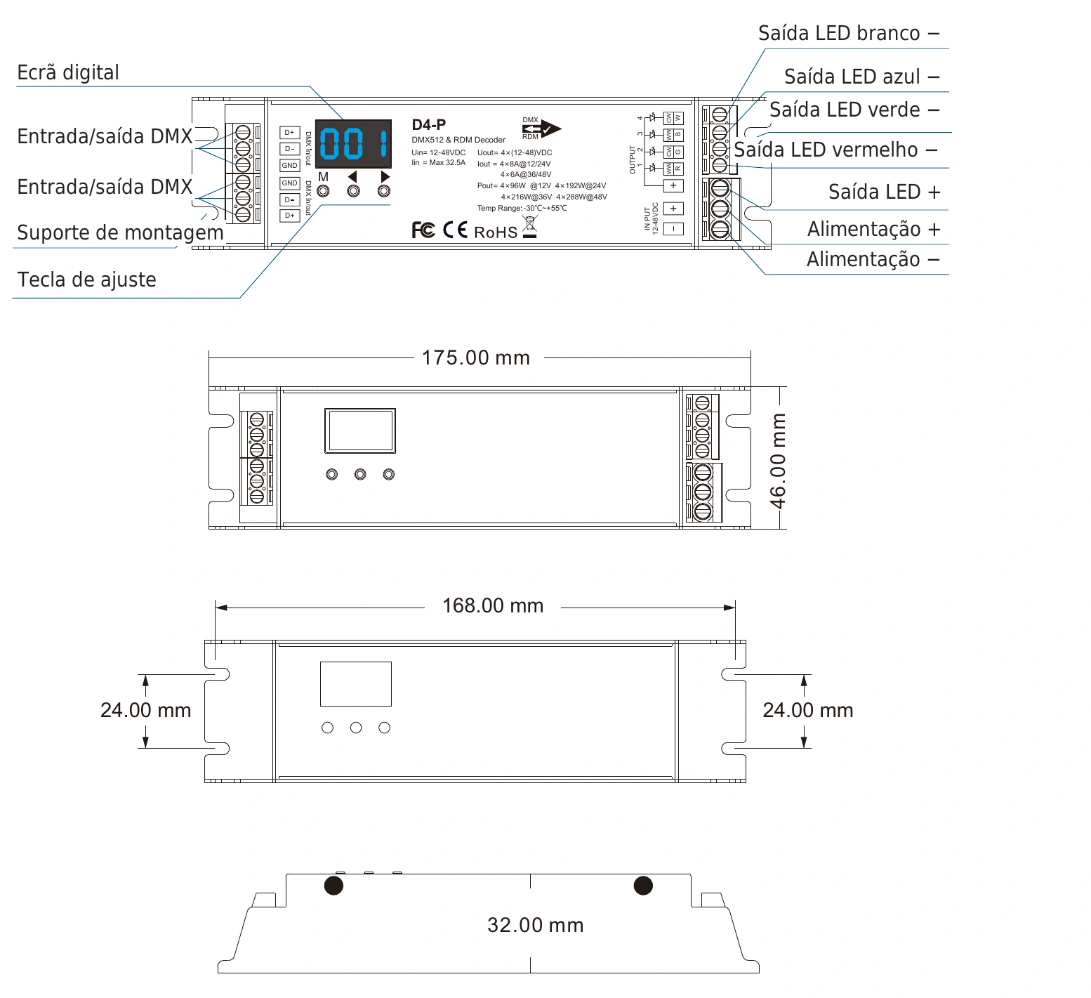 Descodificador DMX512 RDM 4 canais 8A 12-48V IP20 – D4-P — dmx d4 p technical pt