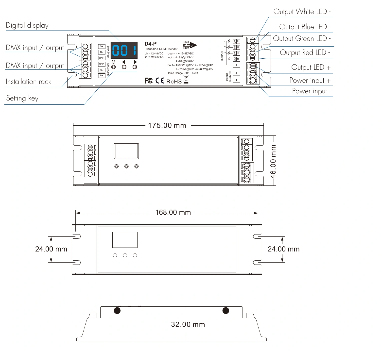 DMX512 RDM Decoder 4 channels 8A 12-48V IP20 – D4-P — dmx d4 p technical