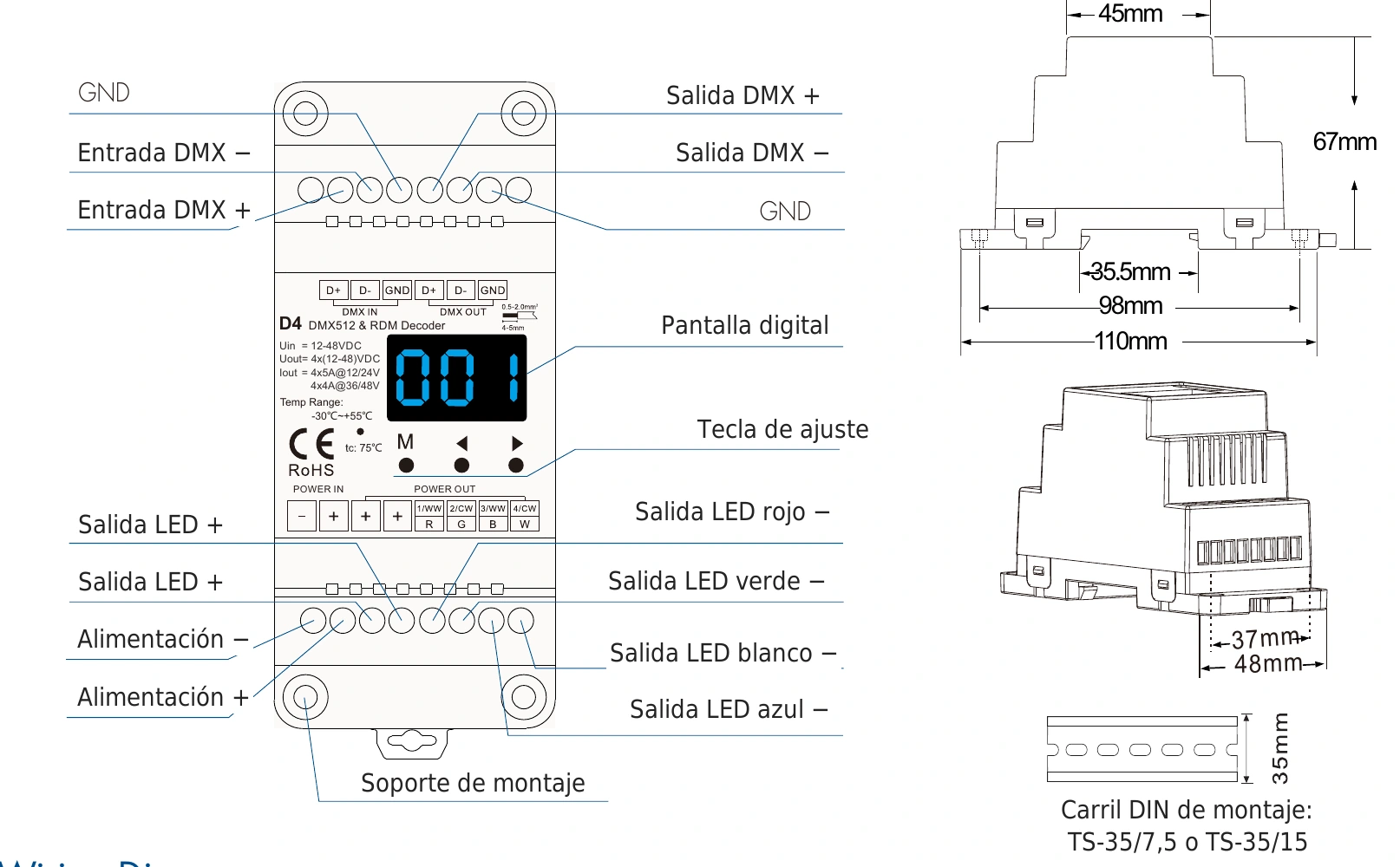 Decodificador DMX512 RDM 4 canales 5A 12-48V IP20 – D4 — dmx d4 technical es