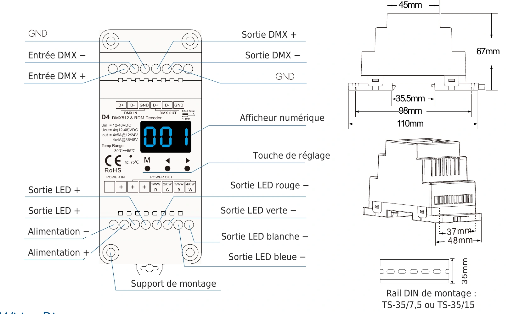 Décodeur DMX512 RDM 4 canaux 5A 12-48V IP20 – D4 — dmx d4 technical fr