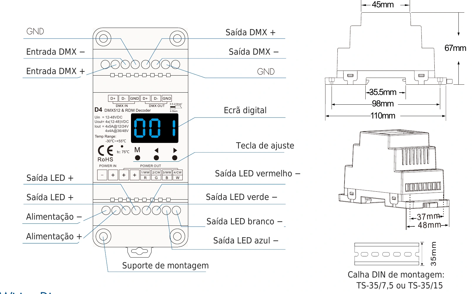 Descodificador DMX512 RDM 4 canais 5A 12-48V IP20 – D4 — dmx d4 technical pt