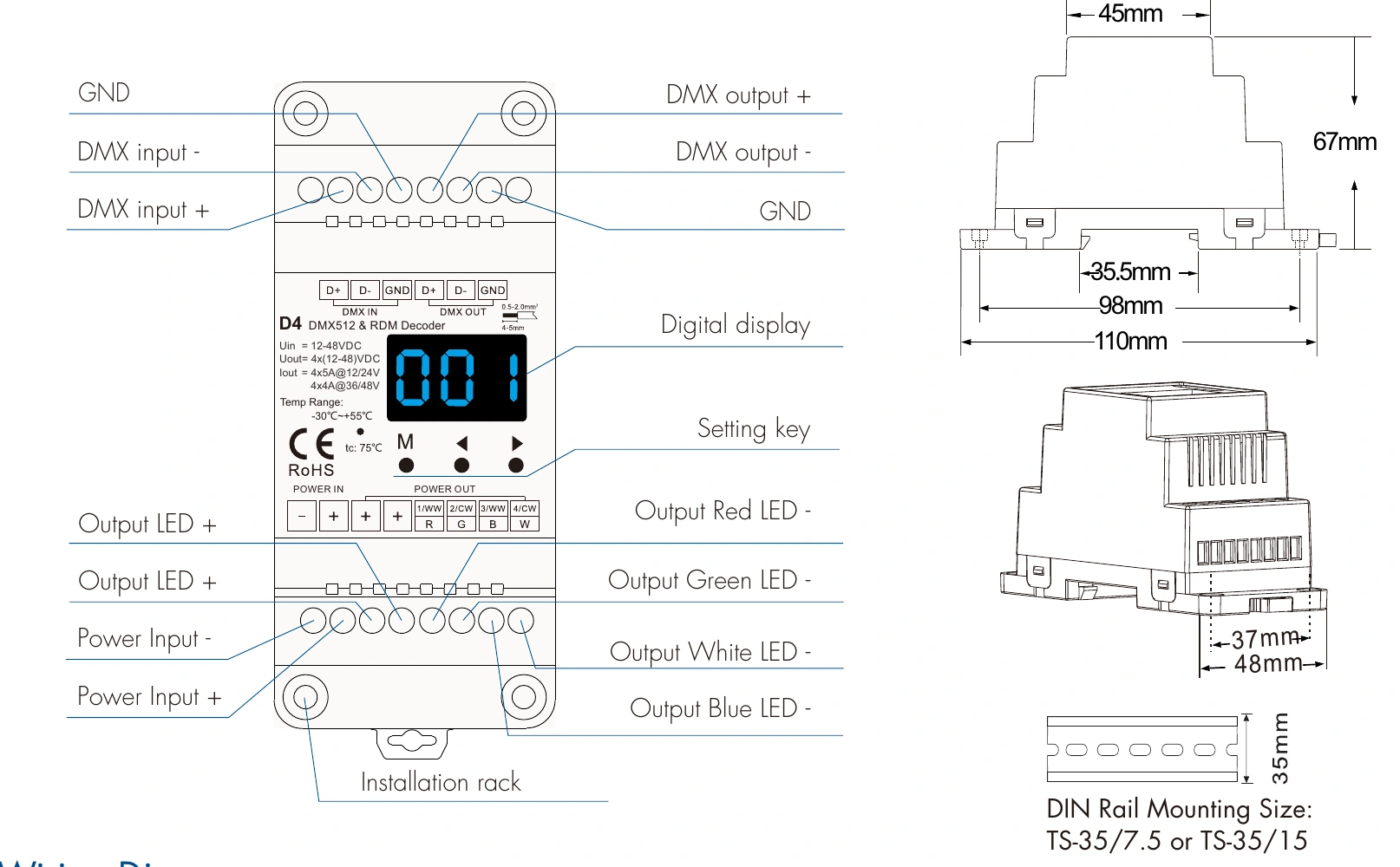 DMX512 RDM Decoder 4 channels 5A 12-48V IP20 – D4 — dmx d4 technical