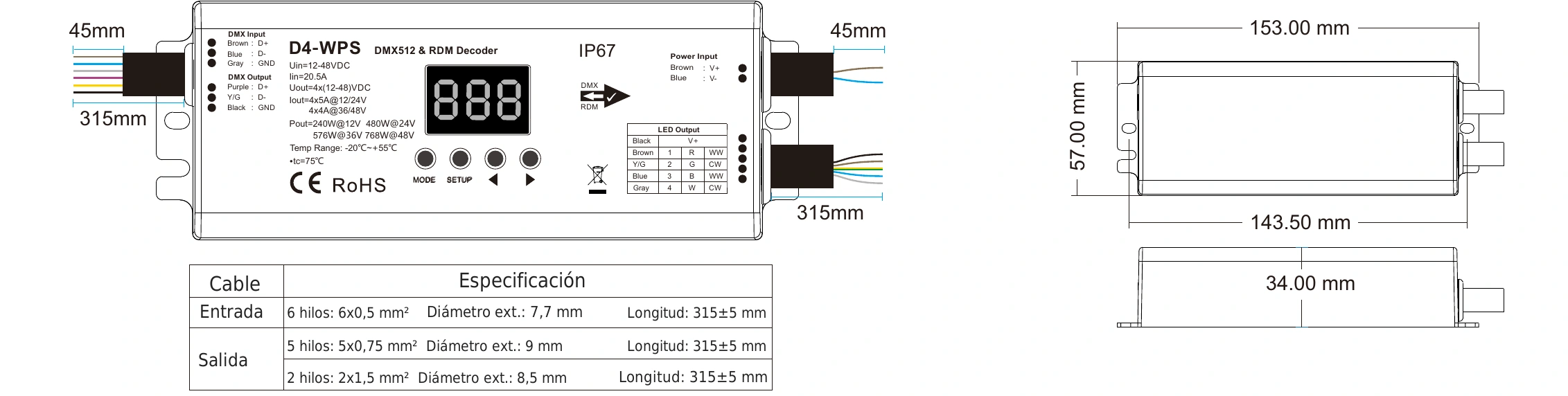 Decodificador DMX512 RDM 4 canales 5A 12-48V IP67 – D4-WPS — dmx d4 wps technical es