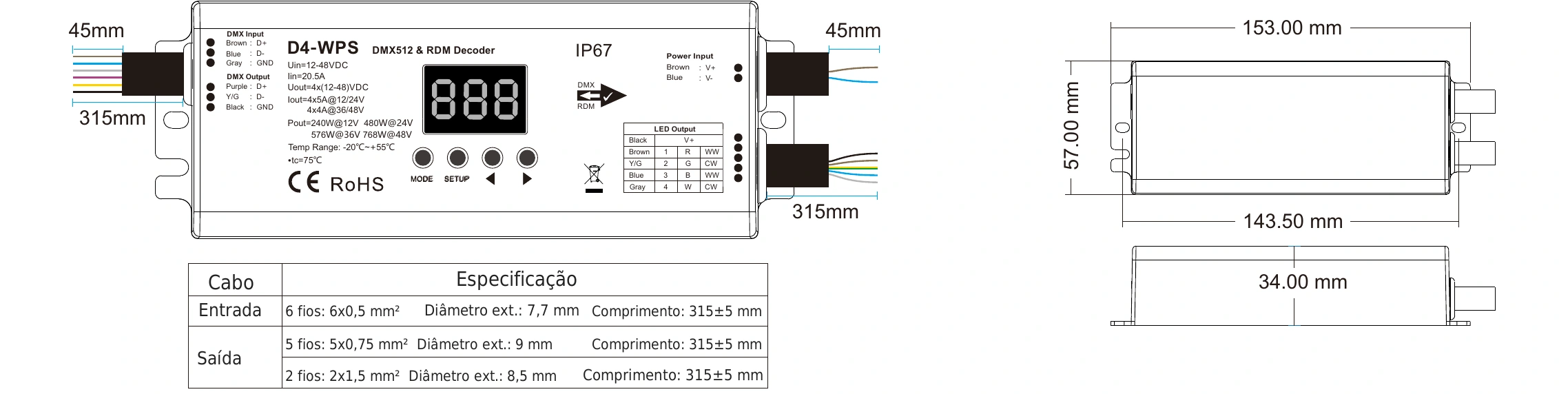 Descodificador DMX512 RDM 4 canais 5A 12-48V IP67 – D4-WPS — dmx d4 wps technical pt