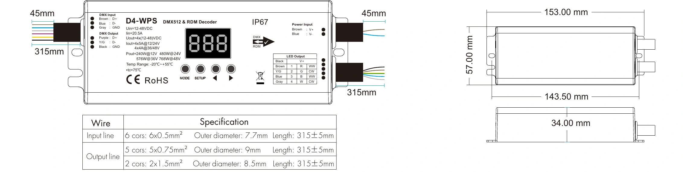 DMX512 RDM Decoder 4 channels 5A 12-48V IP67 – D4-WPS — dmx d4 wps technical