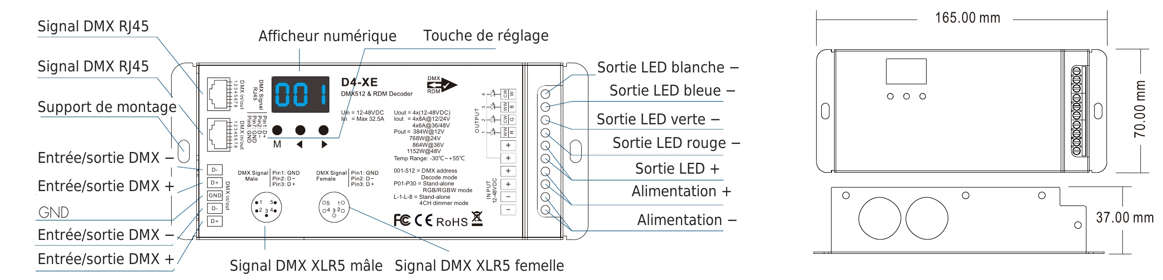 Décodeur DMX512 RDM 4 canaux 8A 12-48V IP20 – D4-XE (5 pin) — dmx d4 xe 5pin technical fr