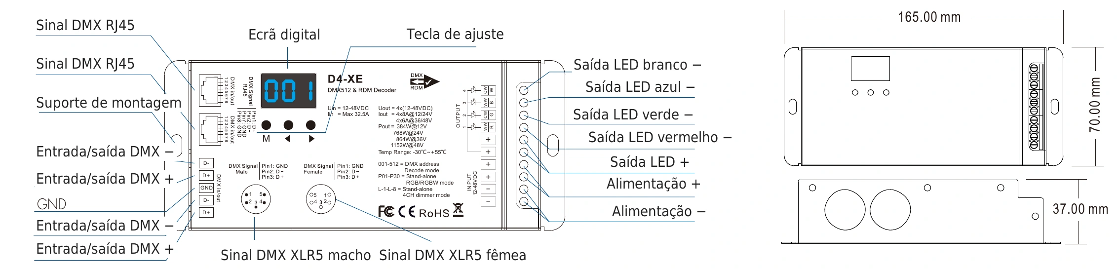 Descodificador DMX512 RDM 4 canais 8A 12-48V IP20 – D4-XE (5 pines) — dmx d4 xe 5pin technical pt