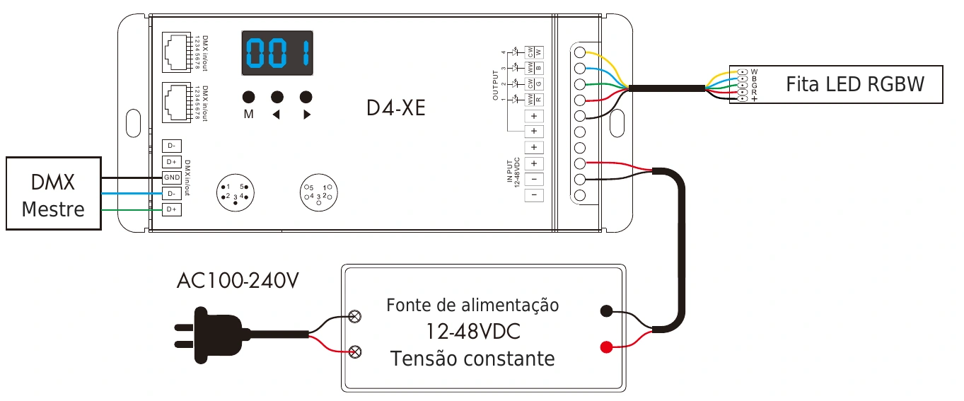 Descodificador DMX512 RDM 4 canais 8A 12-48V IP20 – D4-XE (5 pines) — dmx d4 xe 5pin wiring pt