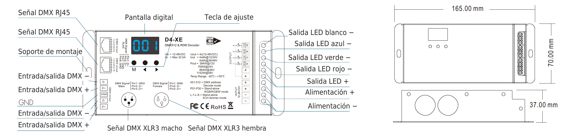 Decodificador DMX512 RDM 4 canales 8A 12-48V IP20 – D4-XE — dmx d4 xe technical es