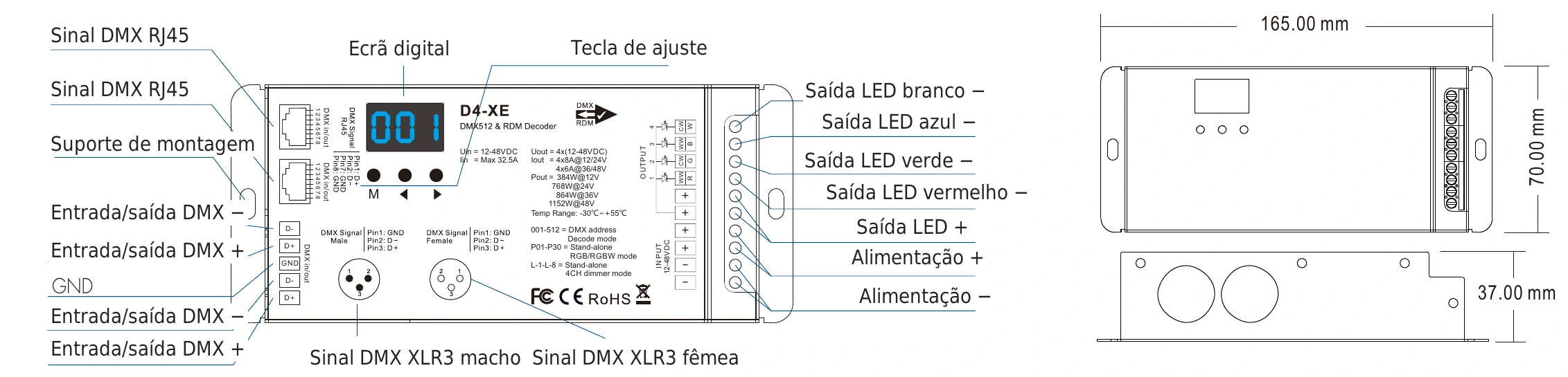 Descodificador DMX512 RDM 4 canais 8A 12-48V IP20 – D4-XE — dmx d4 xe technical pt