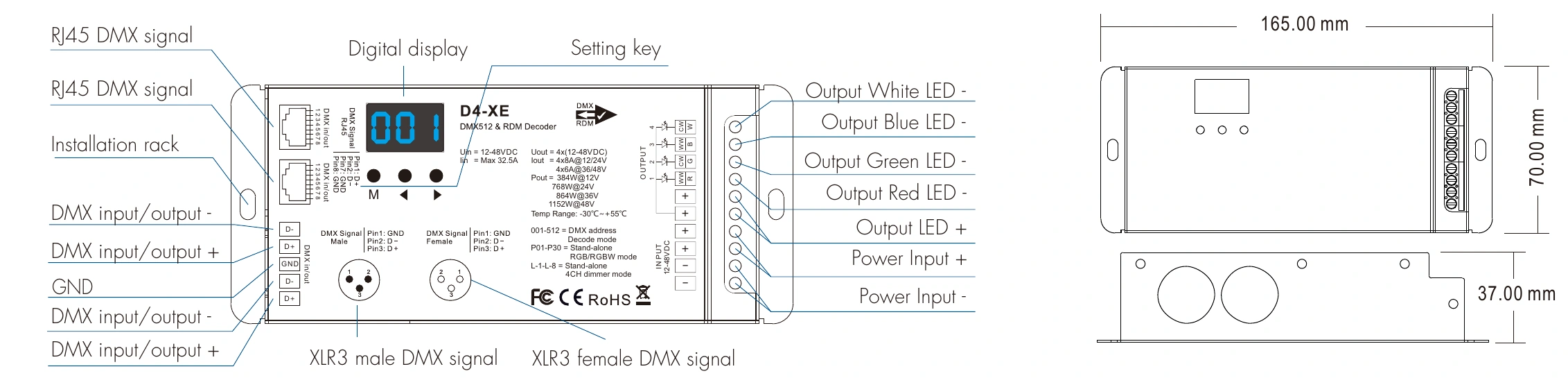 DMX512 RDM Decoder 4 channels 8A 12-48V IP20 – D4-XE — dmx d4 xe technical