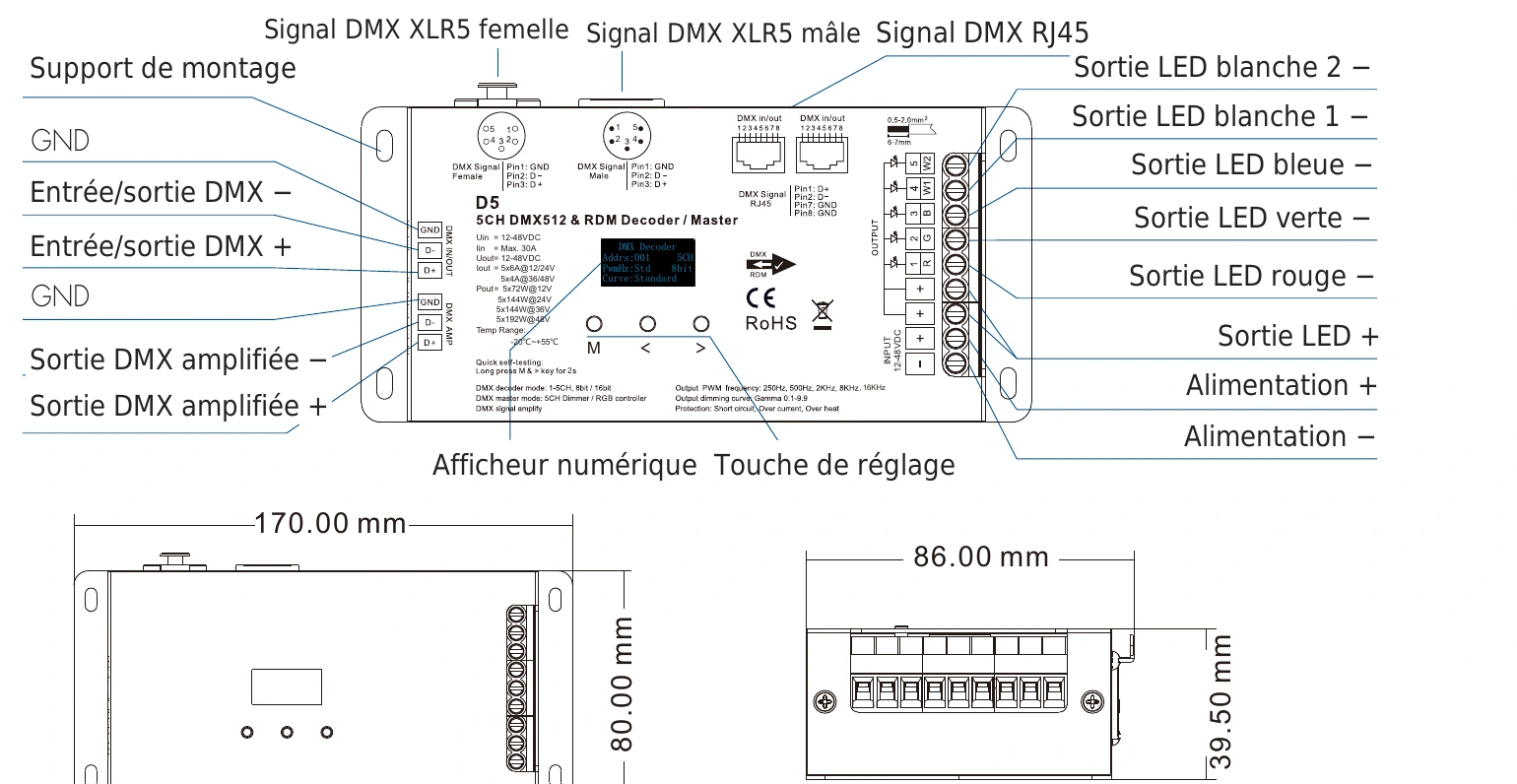 Décodeur DMX512 RDM 5 canaux 6A 12-48V IP20 – D5 (5 pin) — dmx d5 5pin technical fr