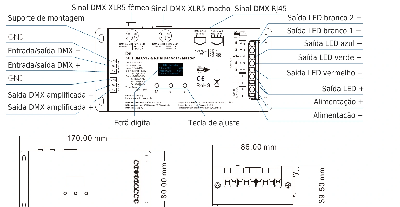 Descodificador DMX512 RDM 5 canais 6A 12-48V IP20 – D5 (5 pines) — dmx d5 5pin technical pt