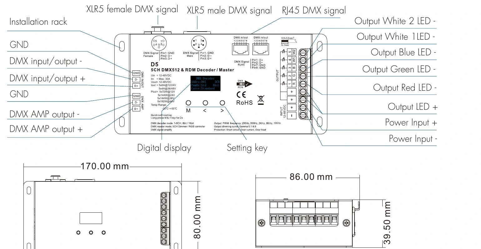 DMX512 RDM Decoder 5 channels 6A 12-48V IP20 – D5 (5 pin) — dmx d5 5pin technical