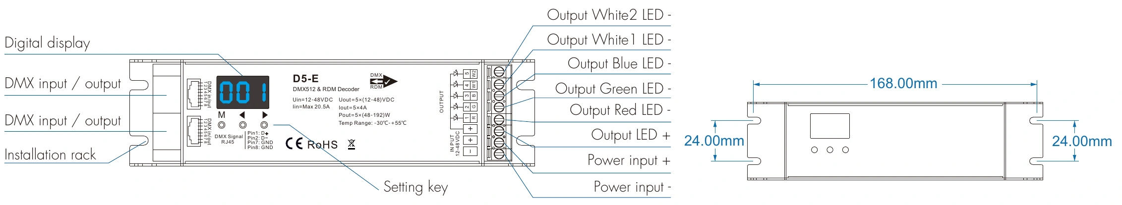 DMX512 RDM Decoder 5 channels 4A 12-48V IP20 – D5-E — dmx d5 e technical